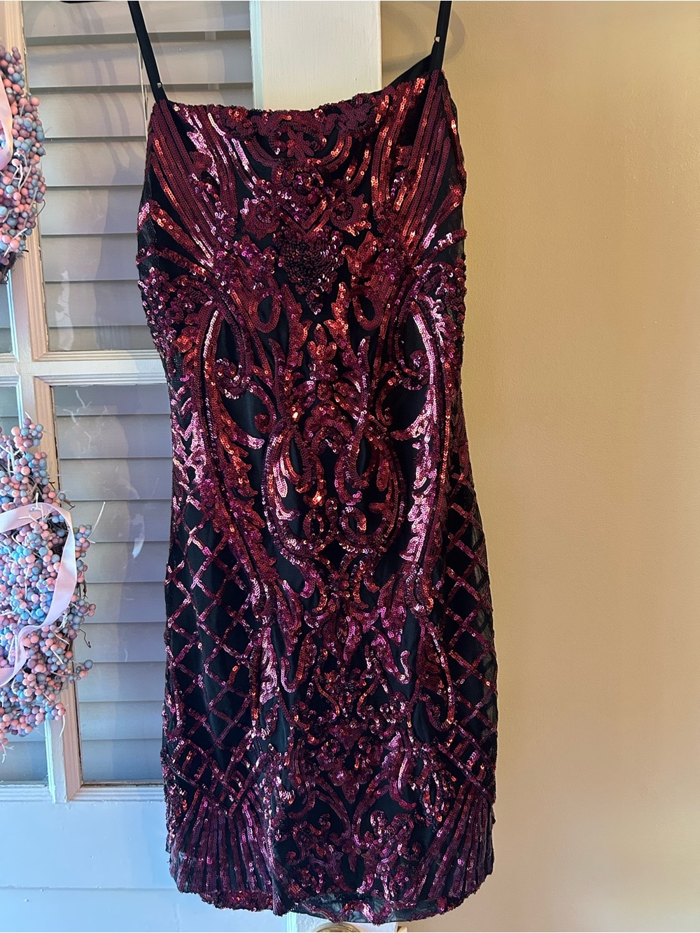 B Darlin Black Mini Dress with Burgundy Sequin Design
